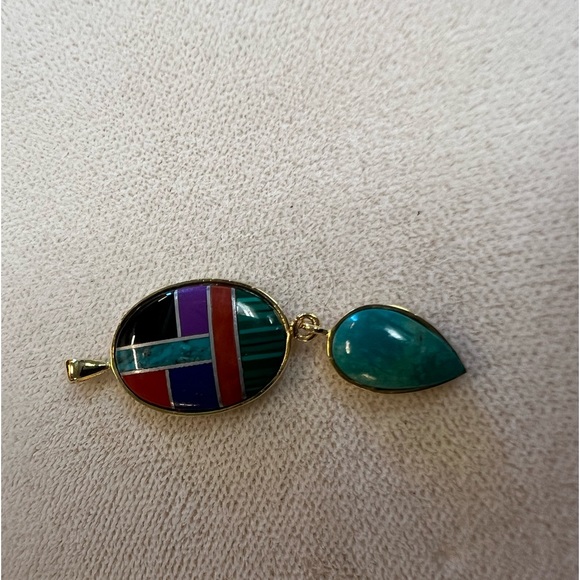 Gold Over Sterling Silver Inlaid Multi Stone Native American Pendant w/16” chain - Picture 2 of 9